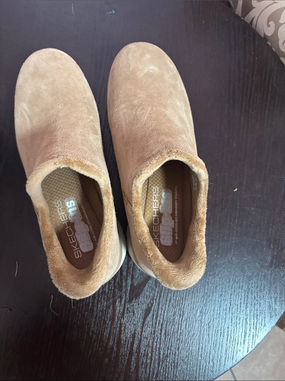 Skechers Suede Slip-On Cozy Ankle Boots in Light Brown